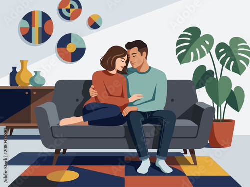 Romantic Couple Cuddling on Sofa in Modern Living Room Flat Vector Illustration