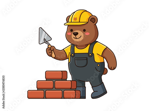 Cute Bear Construction Worker Building Brick Wall Cartoon Illustration