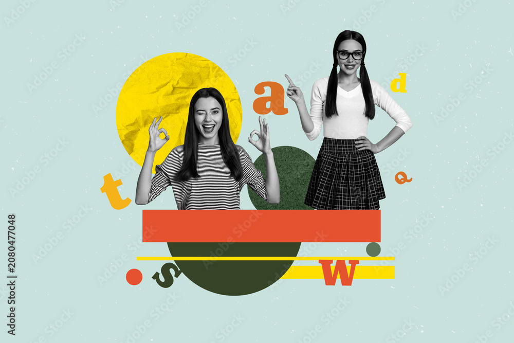 Obraz premium Pop art full zine photo collage of happy girl guy stand library academic book stack education learner letters vocabulary encyclopedia