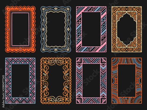 Set of 8 ethnic and geometric decorative frames. Versatile linear borders for social media, invitations, and graphic design projects.