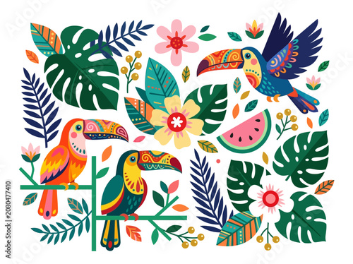 Colorful Tropical Toucan and Exotic Flower Vector Set in Folk Art Style. Decorative Jungle Birds with Monstera Leaves and Floral Elements on White Background.