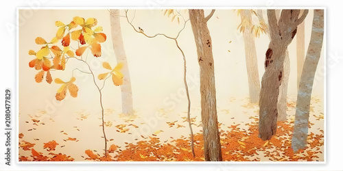 Cinematic Autumn Forest Scene with Golden Foliage and Foggy Atmosphere