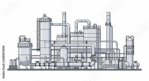 Quadro em tela Detailed industrial plant blueprint with complex piping and tanks
