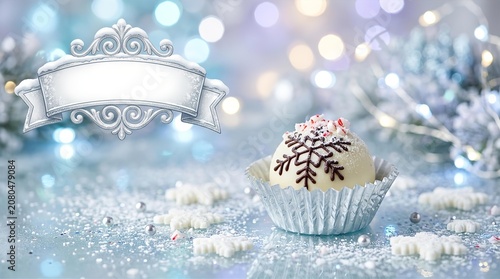 Christmas Truffle with Snowflake Design and Blank Decorative Banner for Holiday Greeting Card or Festive Winter Event Invitation