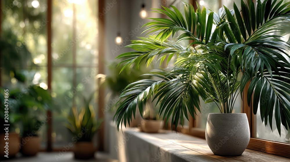 Fototapeta premium Indoor scene featuring potted palm plants on a wooden table with large windows allowing natural light to illuminate the space