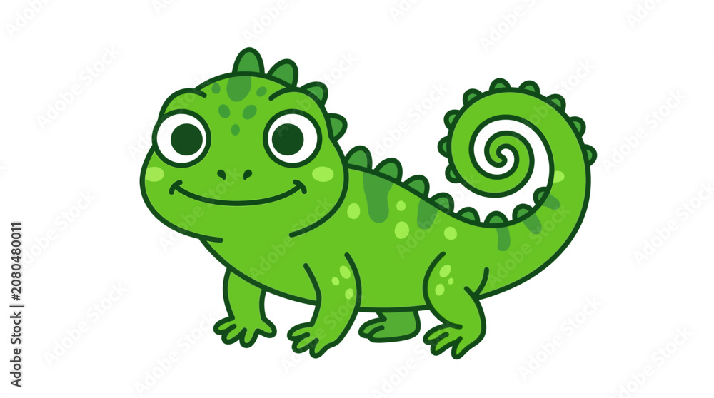 Fototapeta premium Cute green lizard cartoon character with large eyes and a spiral tail, funny reptile illustration isolated on a white background for design projects