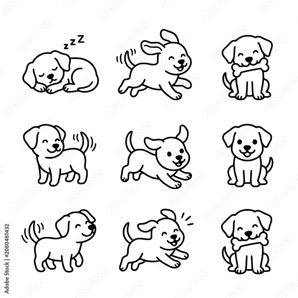 Obraz premium Set of cute puppy dog vector illustration icons featuring various playful actions like running sleeping and eating a bone rendered in a simple clean black line art style on transparent background.