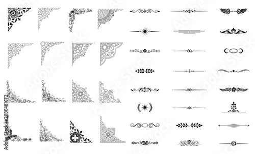 Elegant Decorative Divider Border Line Ornament Vector Set, Vintage Mega Collection of Corners and Vignettes