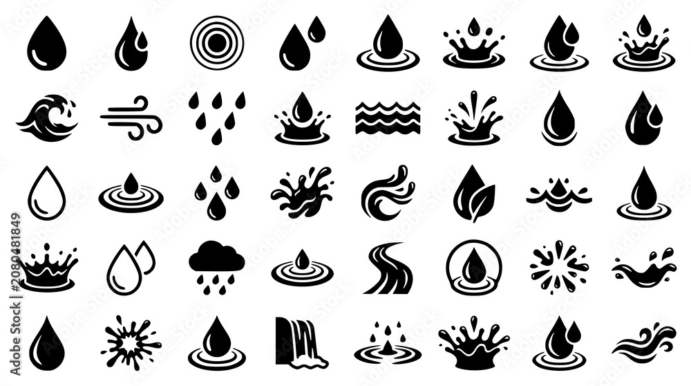 Obraz premium : Black Water Drop and Splash Vector Icon Set with Ripple Liquid and Hydration Symbols