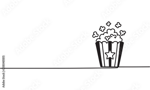 Minimalist continuous line of a popcorn bucket with a star symbol and fluffy popcorn kernels popping out, black and white isolated on a plain white background