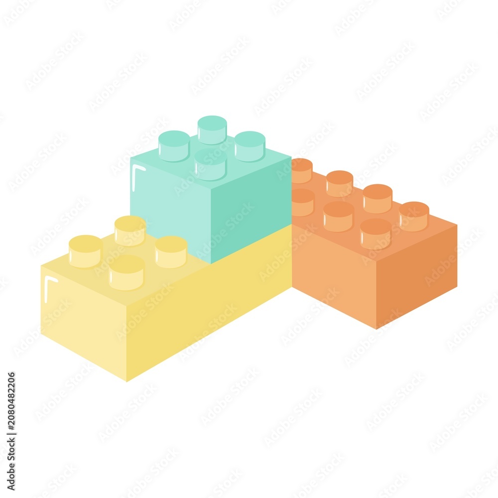Fototapeta premium Colorful toy building blocks in yellow, teal, and orange, symbolizing creativity, modular construction