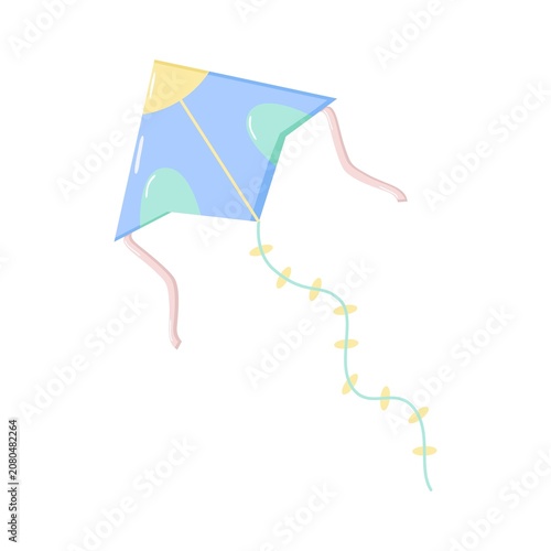 Colorful kite with blue body, pink tails, and decorative string bows, symbolizing outdoor fun, childhood play