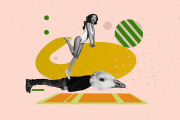 Pop art full zine photo collage of happy girl stand anonym headless girl guy duck mask bird africa shelter care animal pet friendly