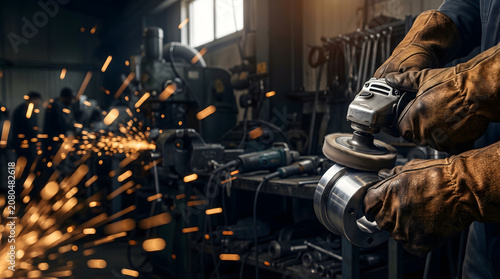Close-up of a worker in protective gloves operating an angle grinder, creating bright sparks from metal in a dark workshop, highlighting precision and demanding industrial craft