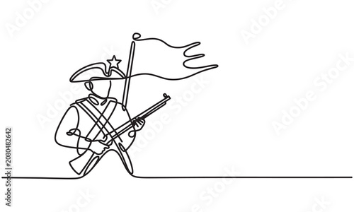 Foto Continuous line of a colonial soldier holding a musket and a flag, isolated on a