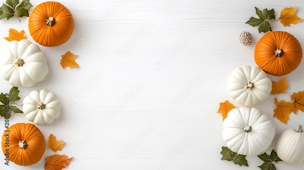 Fototapeta premium A flat lay of orange and white pumpkins with autumn leaves scattered on a white wooden background, creating a festive fall atmosphere.