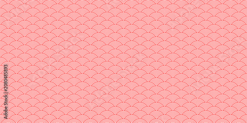 Seamless Japanese Seigaiha wave pattern with red curved lines on white background. Traditional geometric ornament for textile, wallpaper, packaging, and decorative design.