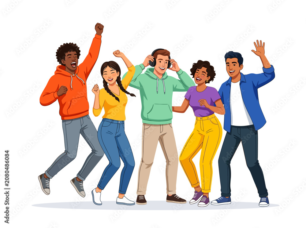 Obraz premium Diverse Group of Happy Young People Dancing and Celebrating Vector Illustration