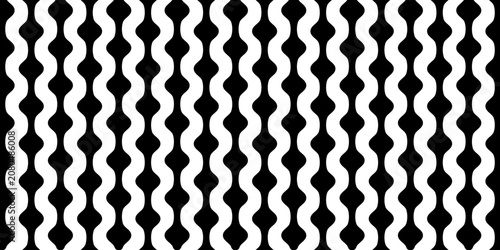 Seamless black and white retro geometric pattern with repeating wavy vertical shapes. Minimal abstract background for wallpaper, textile, packaging, and surface design.