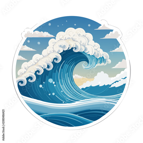 Circular illustration of a powerful ocean wave at sunset