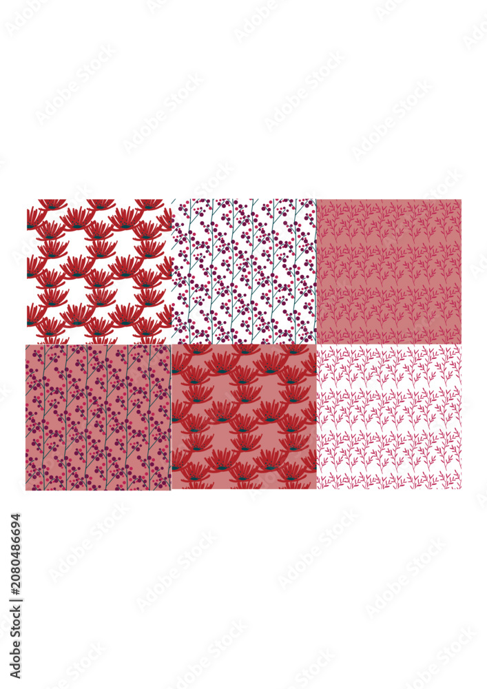Obraz premium Set of red and pink seamless patterns with abstract flowers, berries, and ornaments