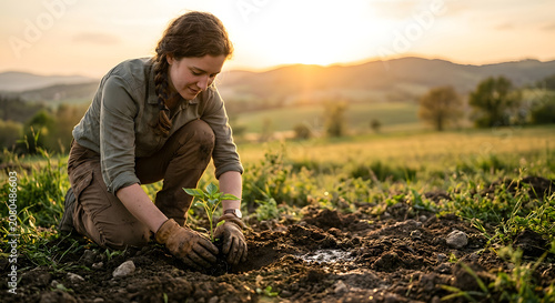Young woman planting a seedling in a field. Generative AI.