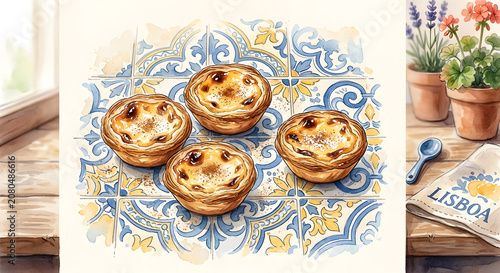 Freshly baked traditional Portuguese egg tarts on patterned tiles