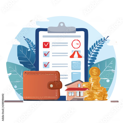 Financial planning flat vector illustration with clipboard and coins