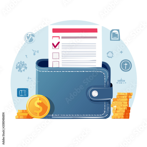 Flat vector illustration of wallet with money and checklist