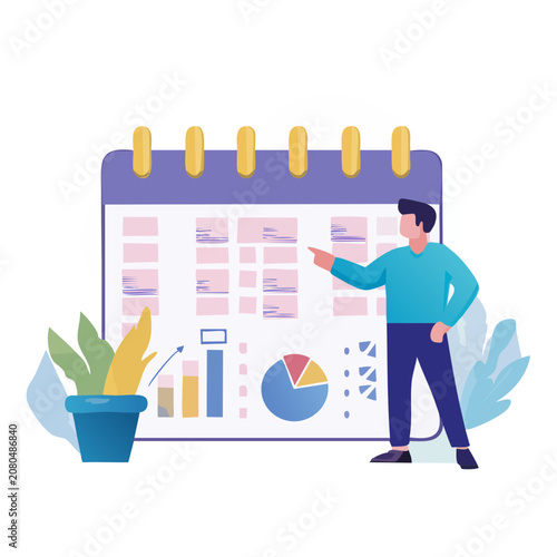Man pointing at calendar with charts and plant
