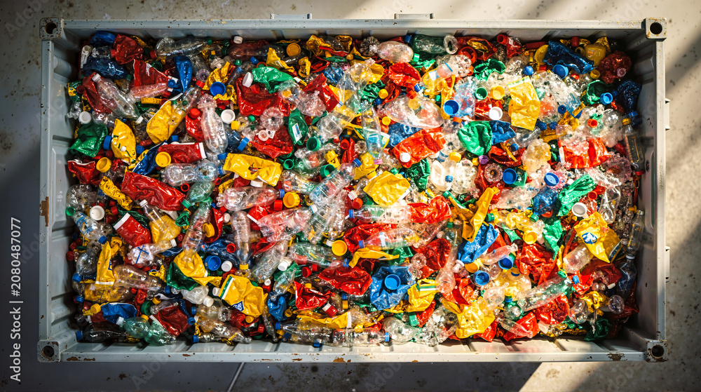 Fototapeta premium Top view of crushed plastic bottles in an industrial container. Colorful recycled plastic waste for recycling