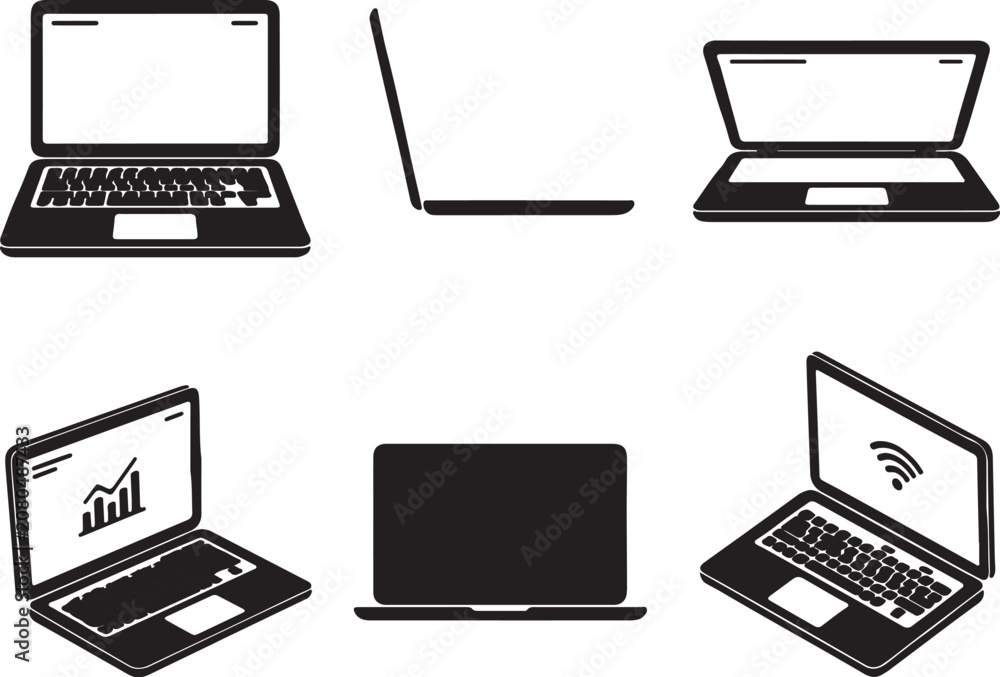 Fototapeta premium Laptop computer vector line art icons set, notebook computer symbols in different angles