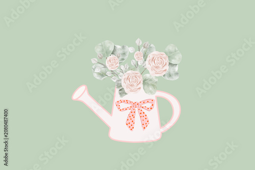 Illustration of soft pastel roses arranged in a decorative watering can with a ribbon bow, Hand drawn 