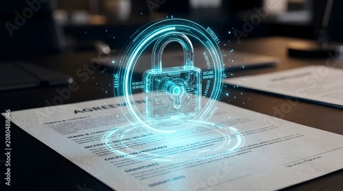 Futuristic holographic padlock glowing over a physical legal agreement document on a desk. Concept of digital security, smart contracts, data protection, and secure electronic signatures.