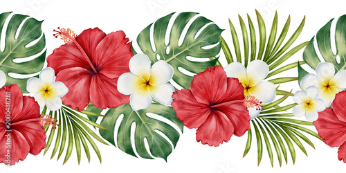 Tropical floral seamless border drawn in watercolor style with hibiscus, plumeria, monstera and palm leaves, repeating design for textile, packaging, wallpaper and wrapping paper.