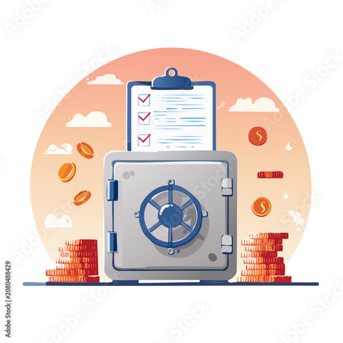 Flat vector illustration of safe with money and checklist
