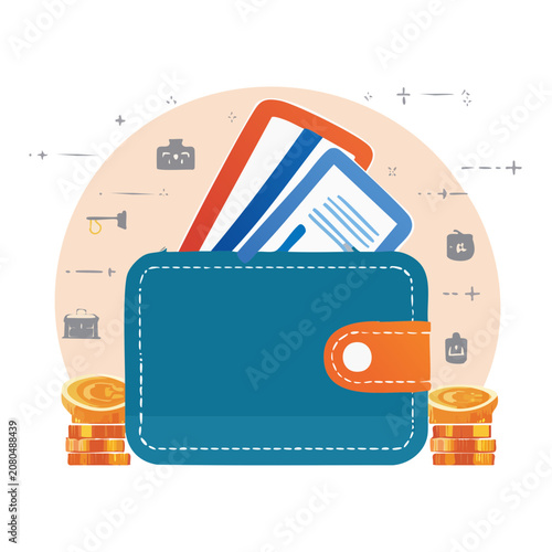 Flat vector illustration of wallet with cards and coins