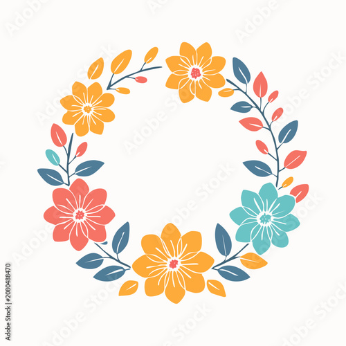 Floral Wreath with Colorful Flowers and Leaves