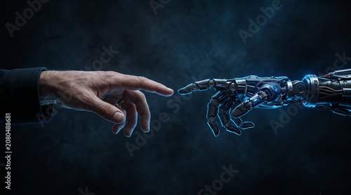 Human and robotic hands touching fingers in conceptual artificial intelligence scene