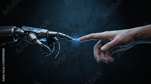 Human Hand and Robot Hand Touching with Spark of Light, AI Technology Concept