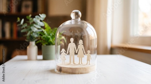 Wooden Family Figurines Protected Under Glass Dome on Table for Home Safety Concept