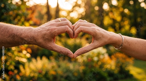 Couple hands making heart shape in warm golden sunset light