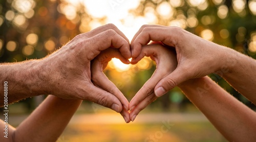 Romantic Couple Hands Forming Heart Shape Against Warm Sunset Background