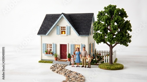 Miniature Model of a Happy Family Standing in Front of Their Dream Home