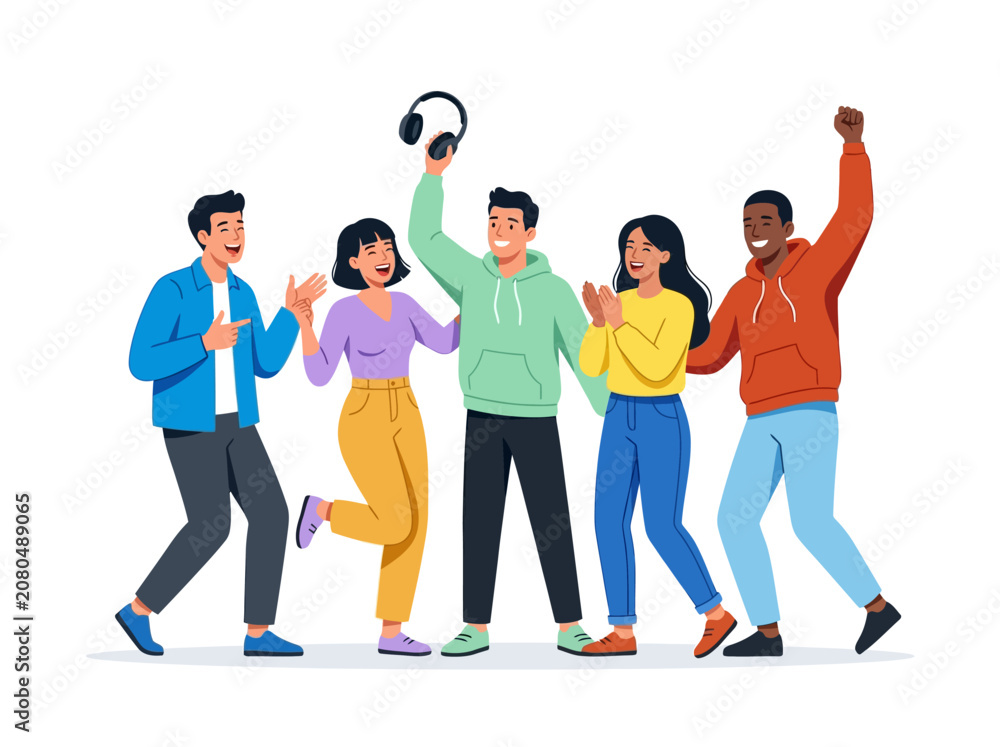 Fototapeta premium Group of diverse young friends celebrating and dancing together