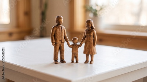 Wooden figurine of a small family holding hands on a white table