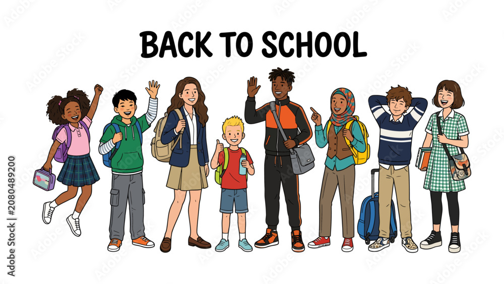 Obraz premium Back To School Diversity: A vibrant illustration showcasing a diverse group of school-aged children, each carrying backpacks or bags, ready to embrace the new academic year.