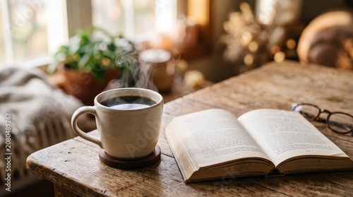 Cozy Morning Scene with Steaming Coffee, Open Book and Glasses on a Rustic Wooden Table