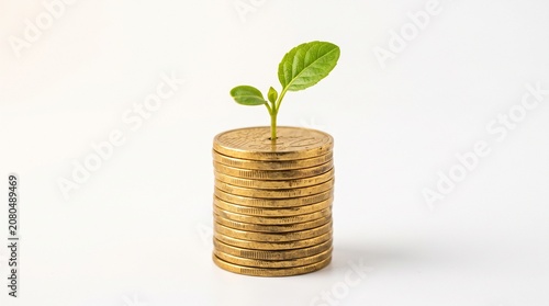 A vibrant green sprout emerges from a neatly stacked pile of golden coins, symbolizing robust financial growth, successful investment, and wealth accumulation