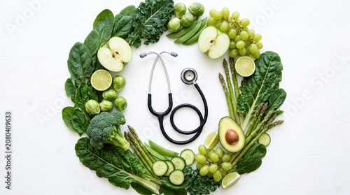 Fresh green produce arranged in a circle with a stethoscope in the middle symbolizing healthy eating and medical care
